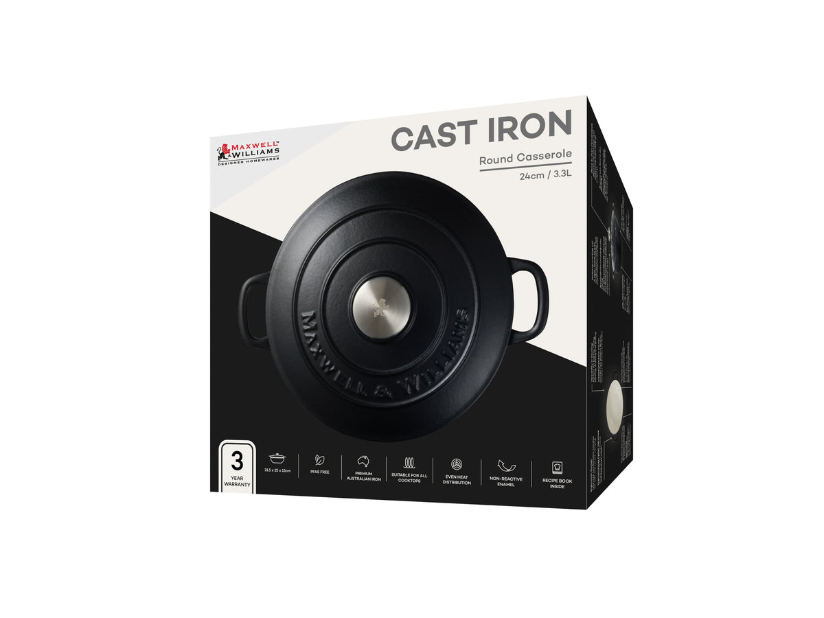 MW Cast Iron Round Casserole Black 24cm / 3.3L Gift Boxed